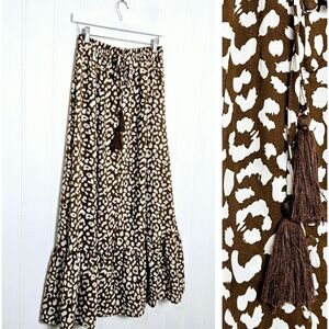 Porter Collective Animal Print Maxi Skirt Brown White Boho Button Front Size S